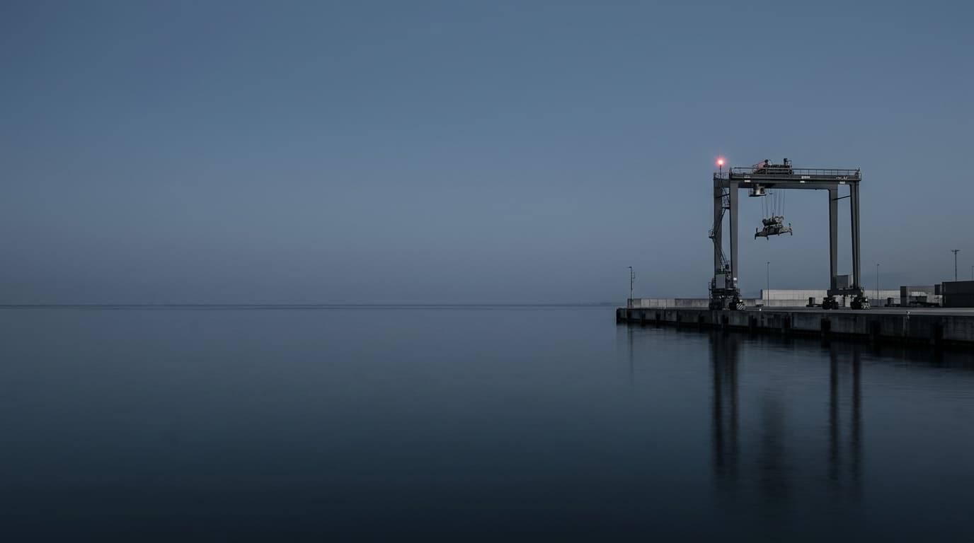 A gantry crane at a quiet quay at dusk