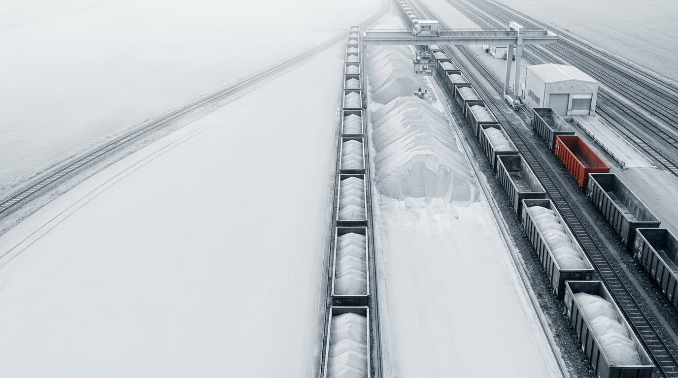 A rail terminal seen from above at first light: loaded bulk wagons, a stockpile and a gantry loader