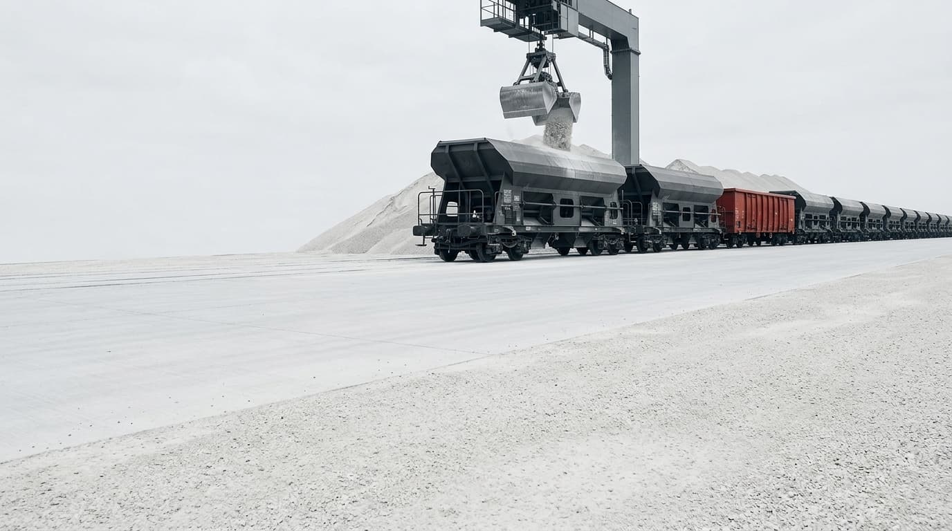 A grab loader filling bulk wagons beside a stockpile at a rail terminal
